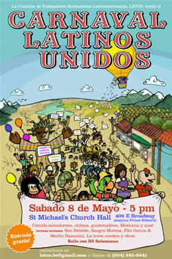 Carnaval Latinos Unidos.  Sangre Morena joined other artists on May 8th at St. Michael's Hall, 409 East Broadway, Vancouver